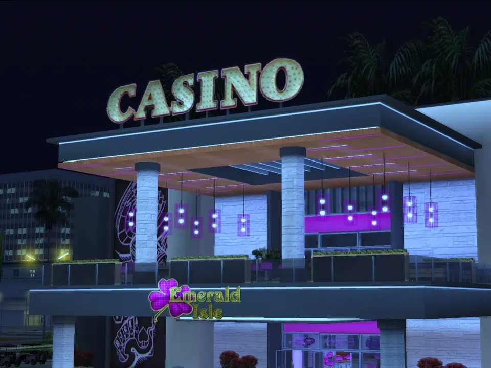 Fachada iluminada del Emerald Isle Casino de noche