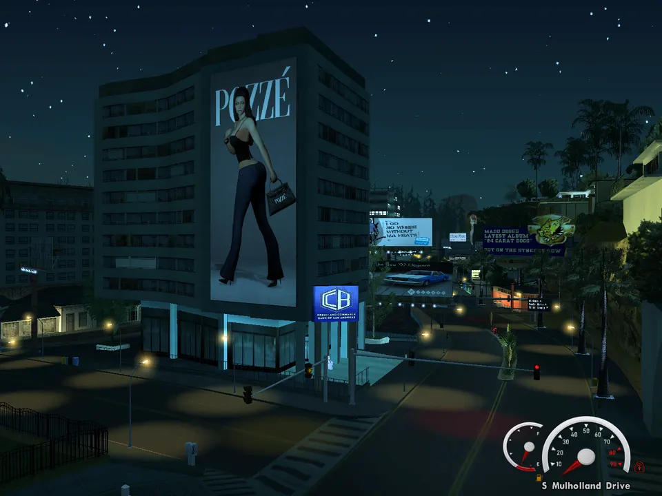 Cartel de moda gigante en un rascacielos de Los Santos de noche